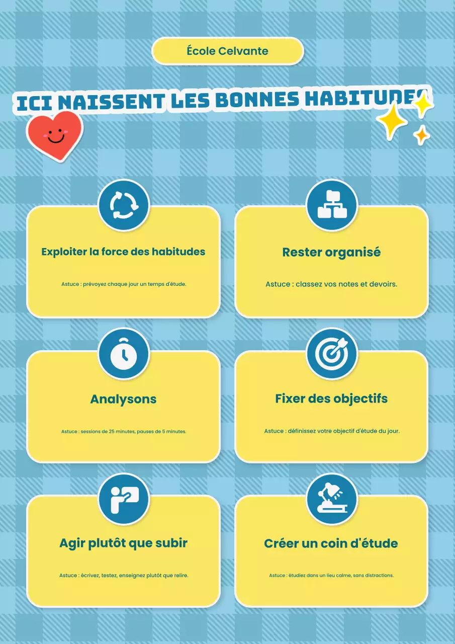 Affiche illustrée de conseils d'étude scolaires violets et verts