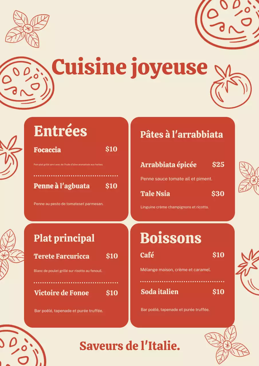 Affiche de menu italien rustique rouge