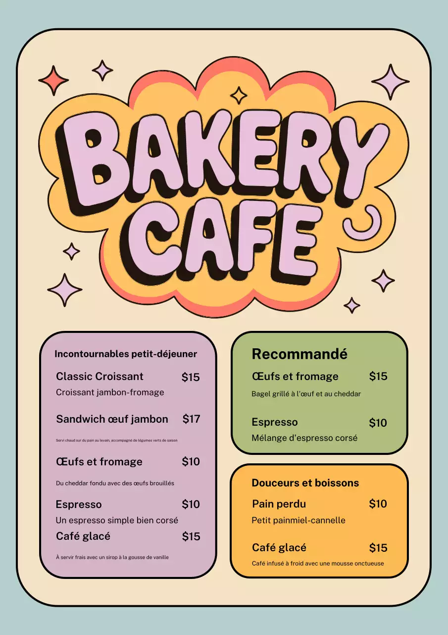 Affiche de menu de boulangerie rétro colorée