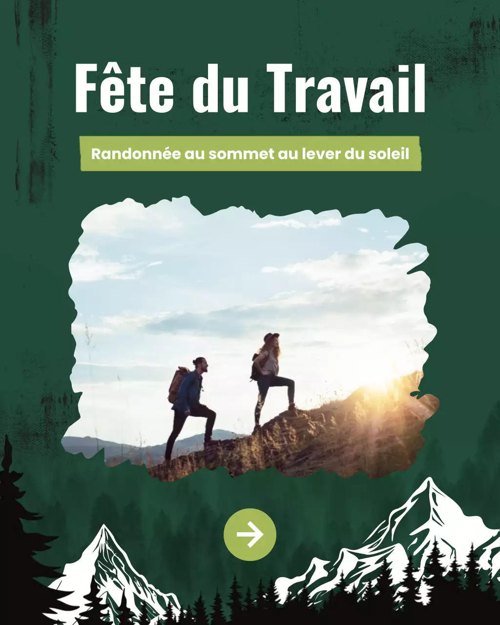 Modèle de médias sociaux pour la randonnée au sommet du lever du soleil de la fête du Travail, vert foncé