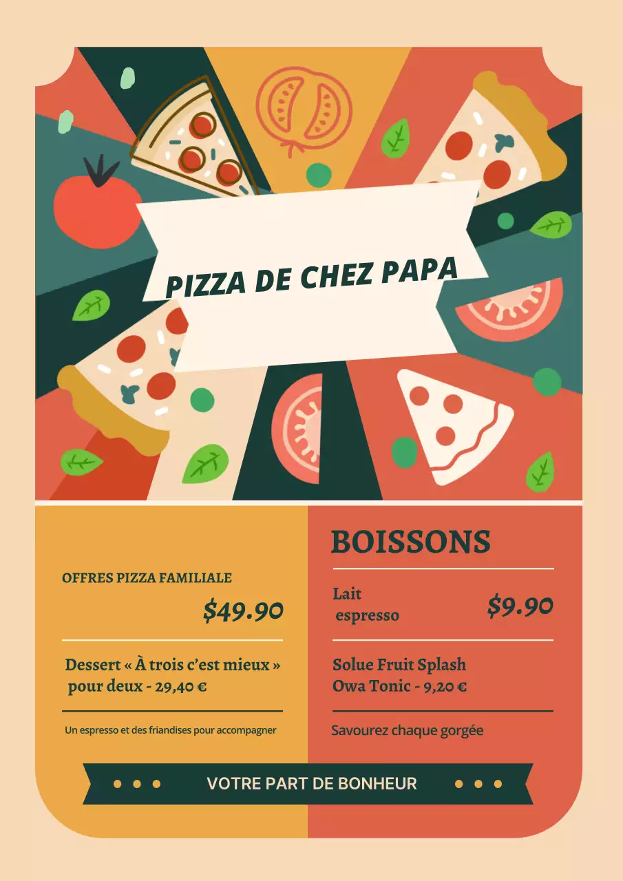 Affiche colorée de menu de pizza rétro