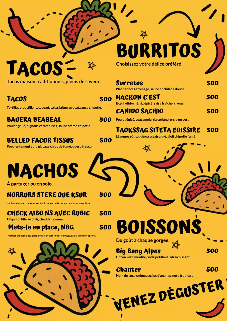 Affiche promotionnelle du menu Taco jaune et audacieux