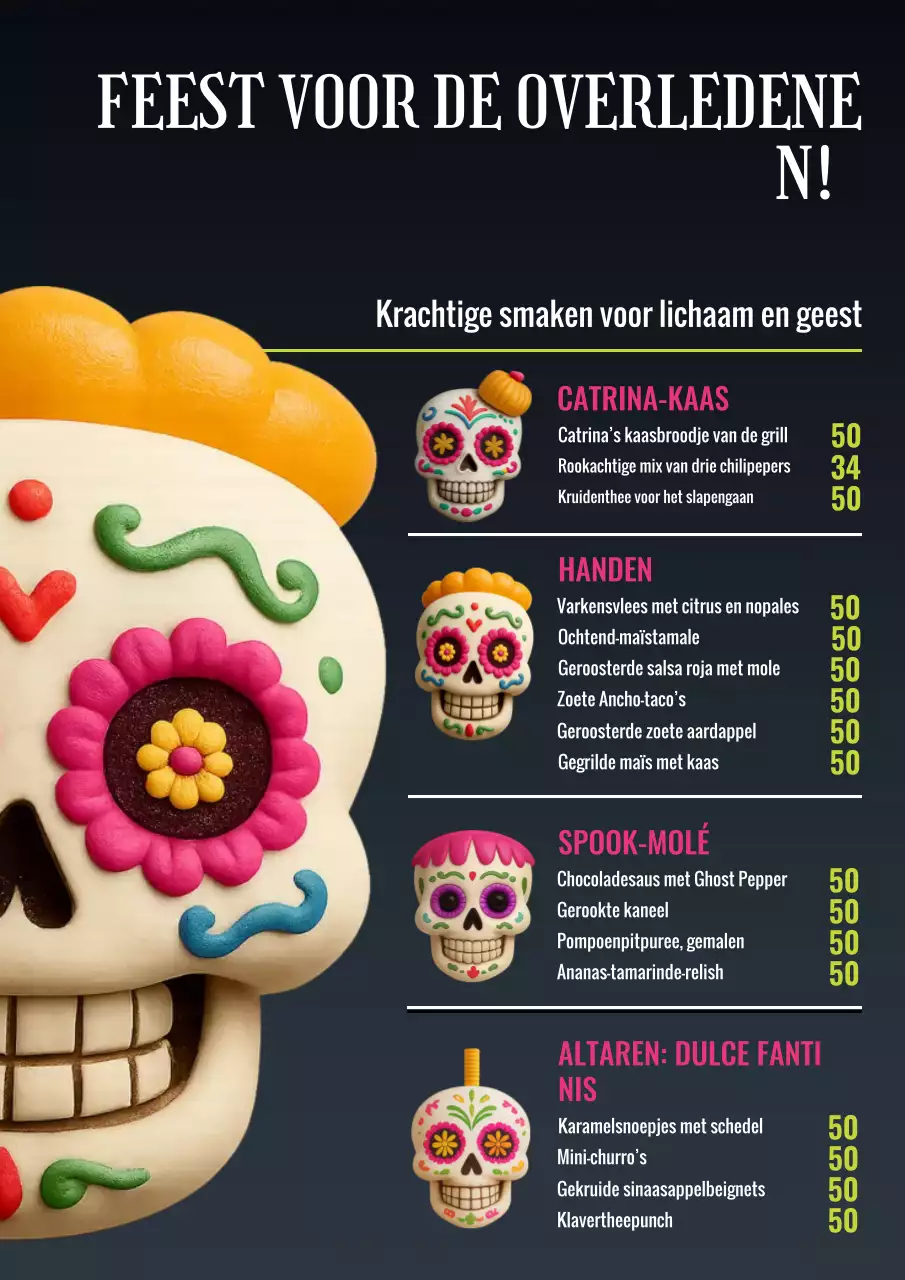 Poster met traditioneel zwart voedselmenu