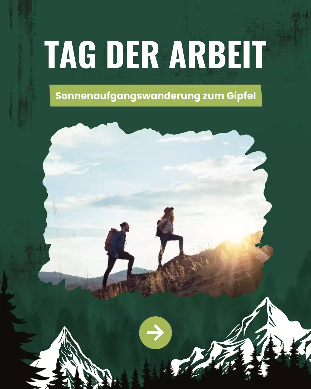 Dunkelgrüne Social-Media-Vorlage für Sonnenaufgangswanderungen am Labor Day