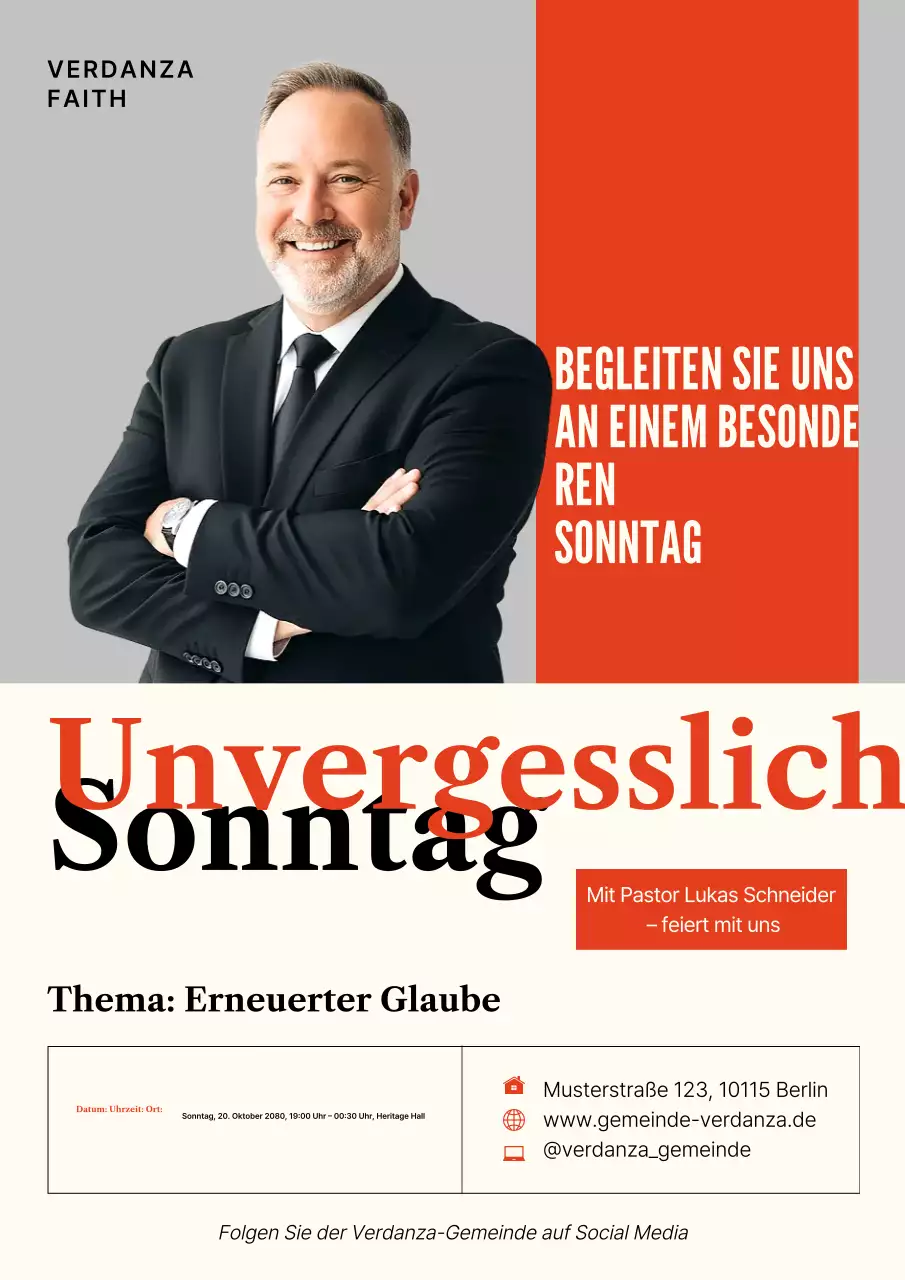 Orangefarbenes Poster zur Ankündigung moderner Kirchenveranstaltungen