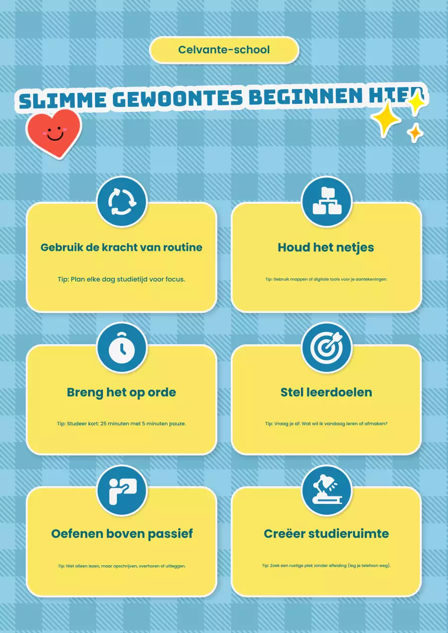 Paars en groen schattige illustratieve schoolstudietipsposter