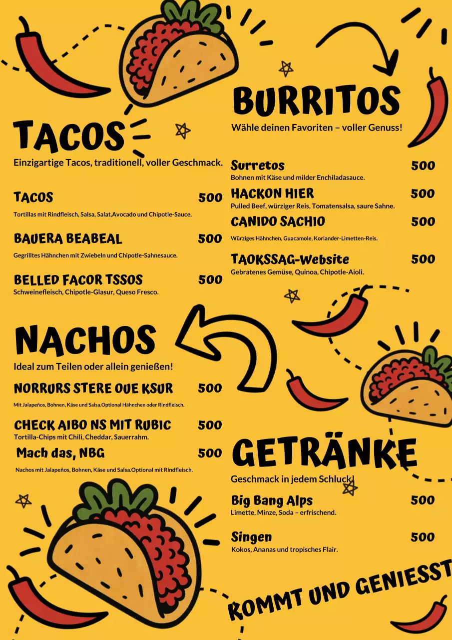 Gelbes, kräftiges Taco-Menü-Werbeplakat