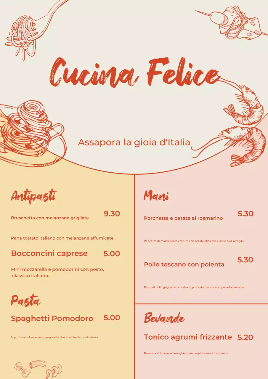 Poster di design del menu italiano elegante beige