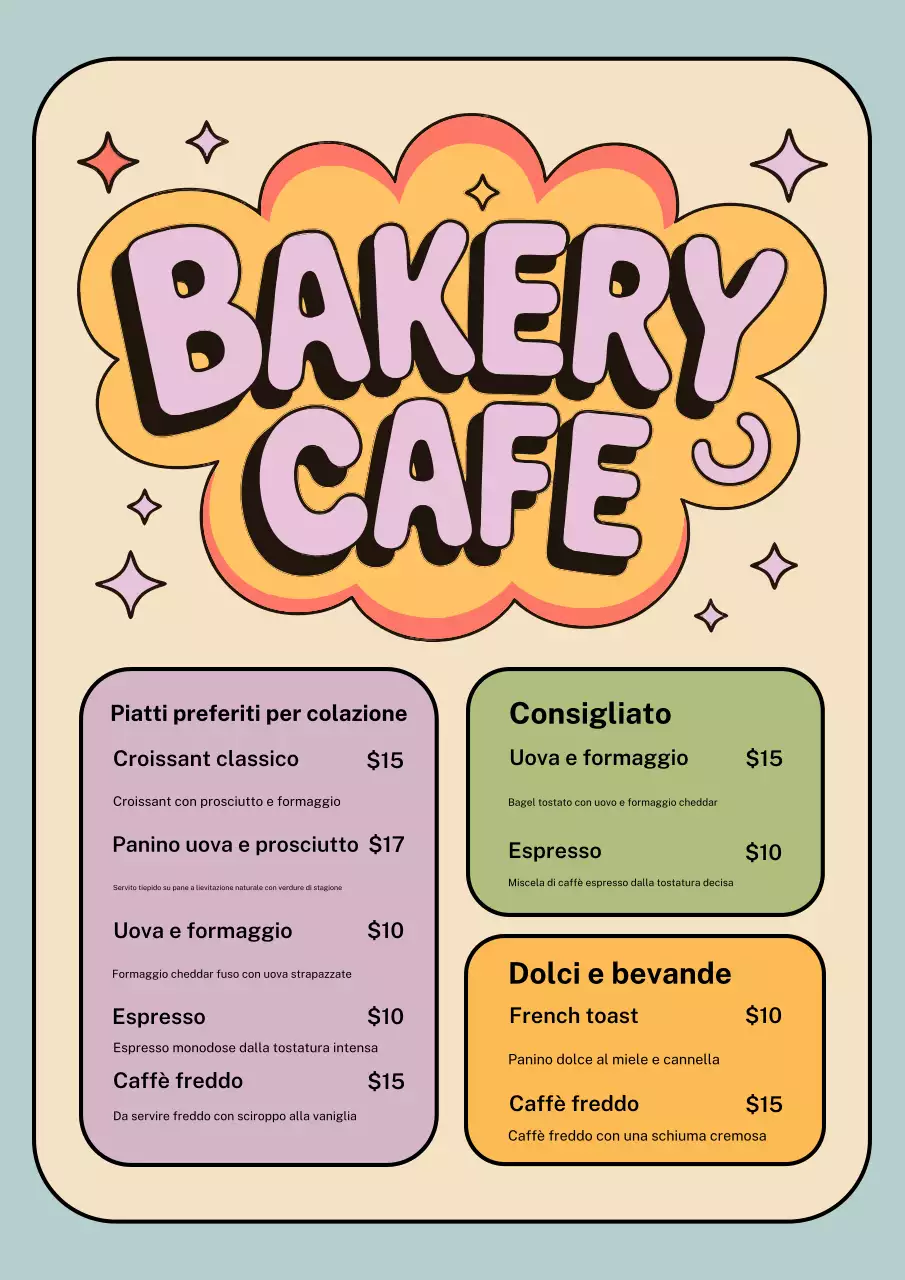Poster colorato del menu della panetteria retrò