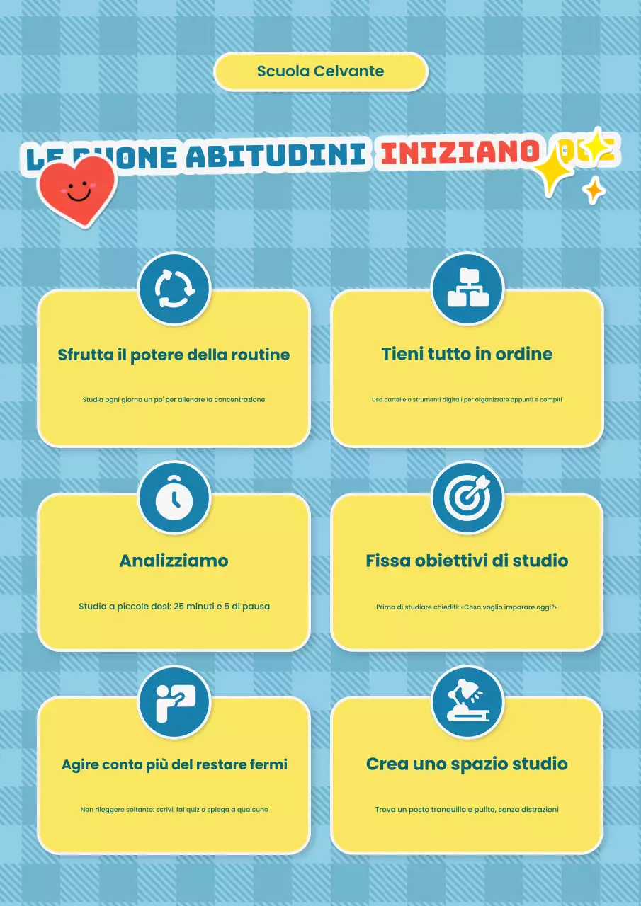 Poster illustrativo con suggerimenti per lo studio scolastico, viola e verde