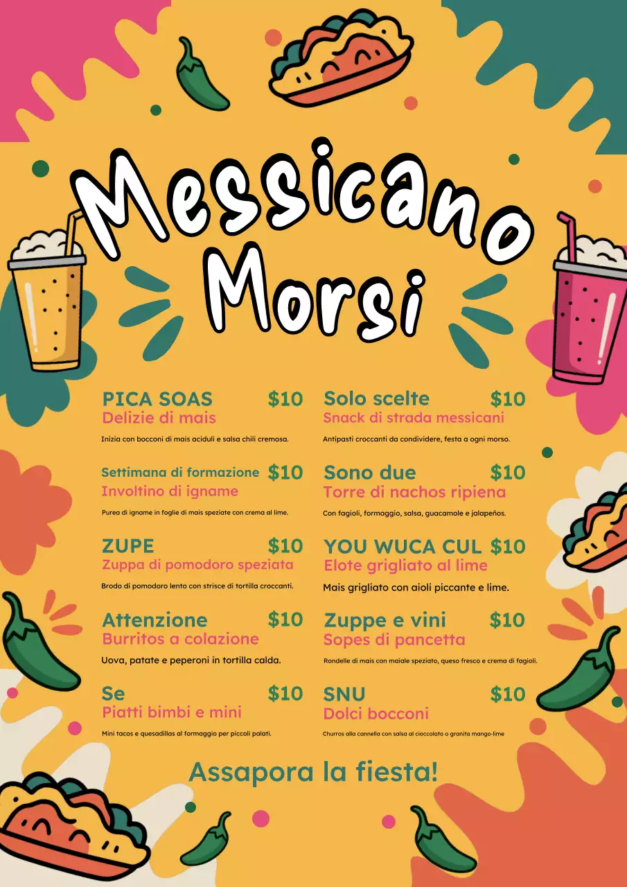 Poster promozionale colorato del menu messicano retrò