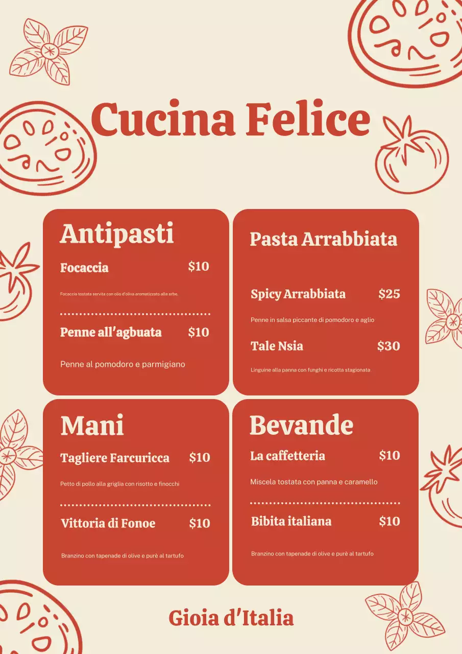 Poster del menu rustico italiano rosso