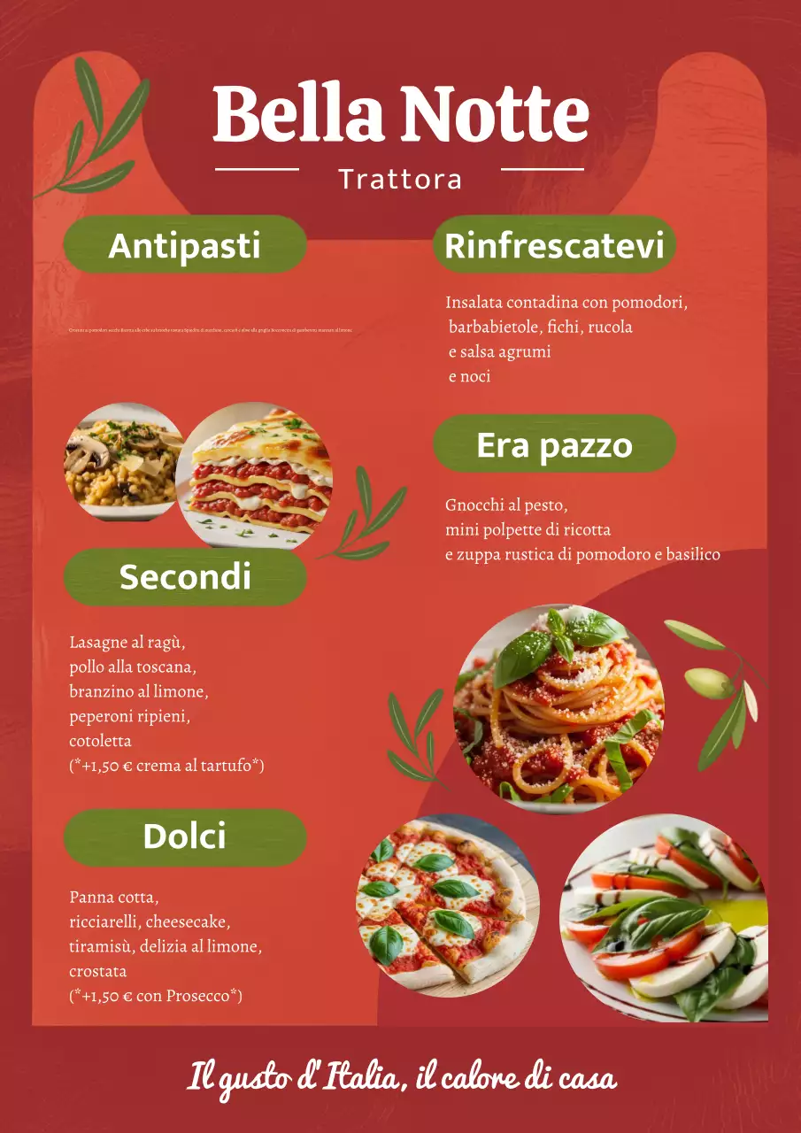 Poster del menu italiano elegante rosso