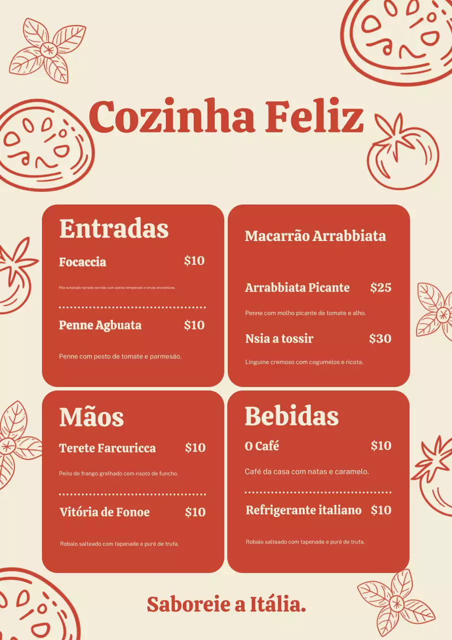 Pôster de cardápio italiano rústico vermelho