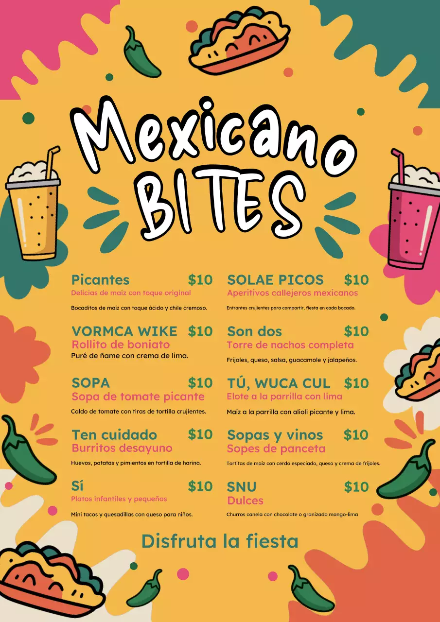 Cartel promocional de menú mexicano retro colorido