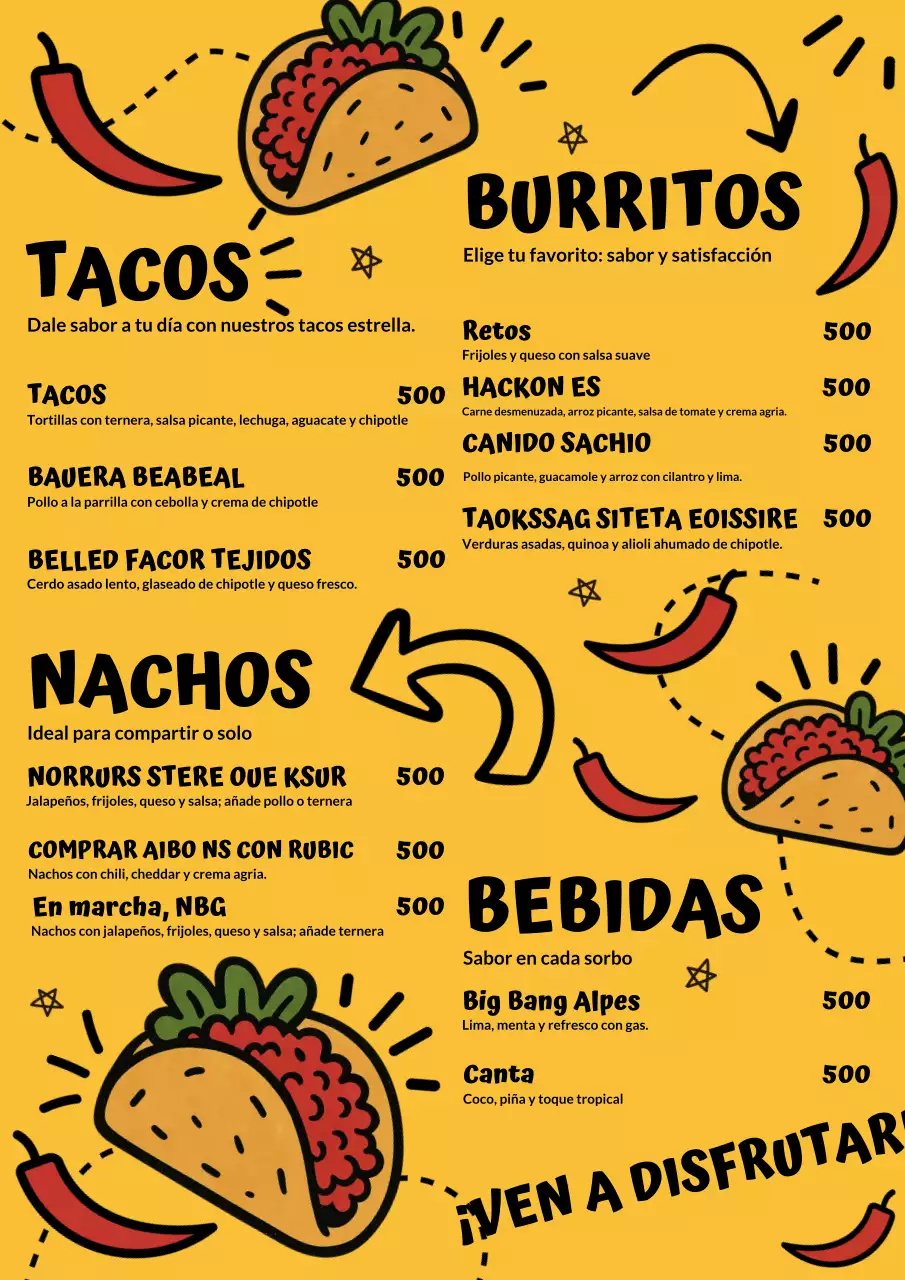 Cartel promocional del menú de tacos en amarillo llamativo