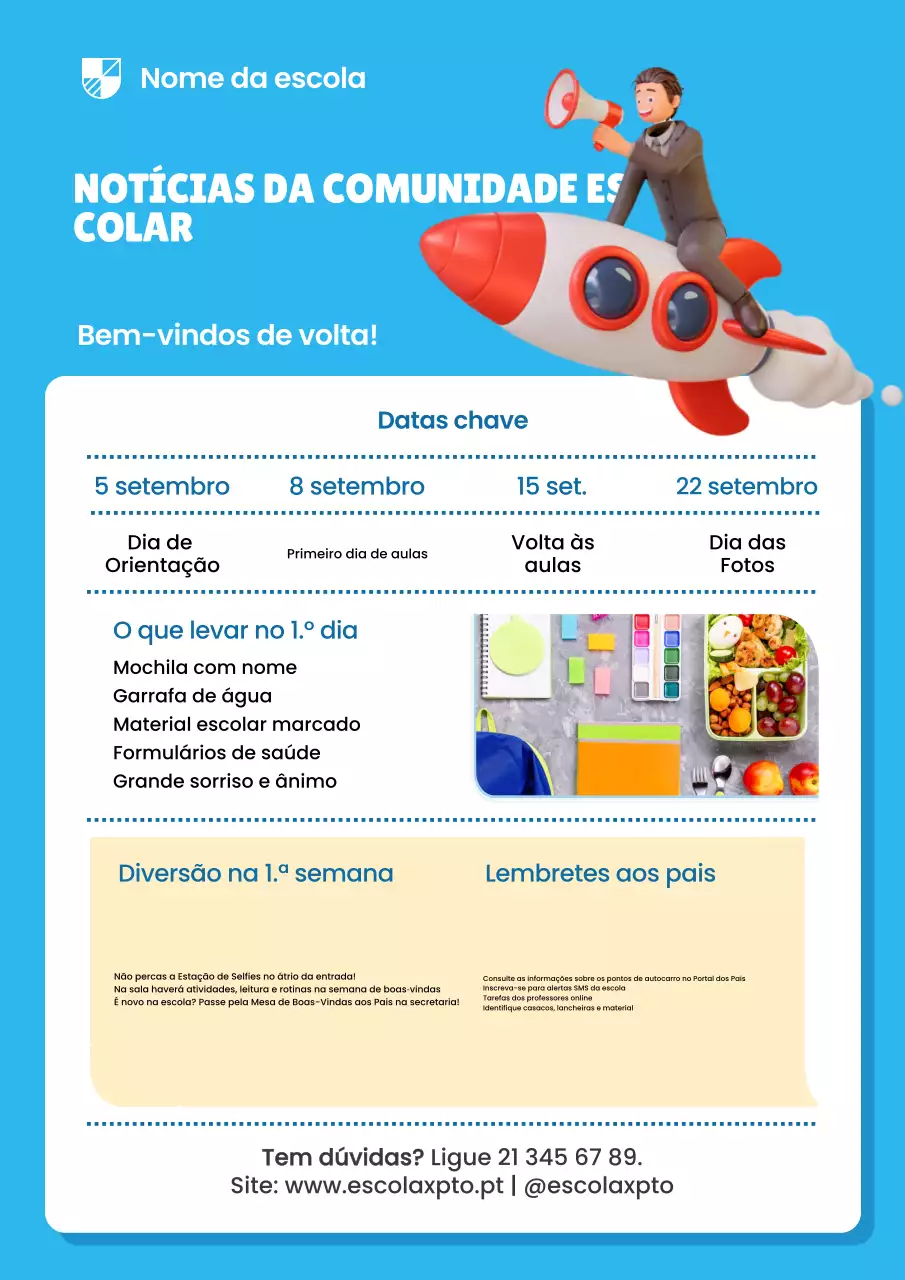 Cartaz de anúncio do boletim informativo da Blue Modern School