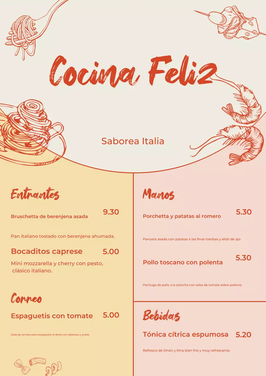 Póster con diseño de menú italiano elegante en beige