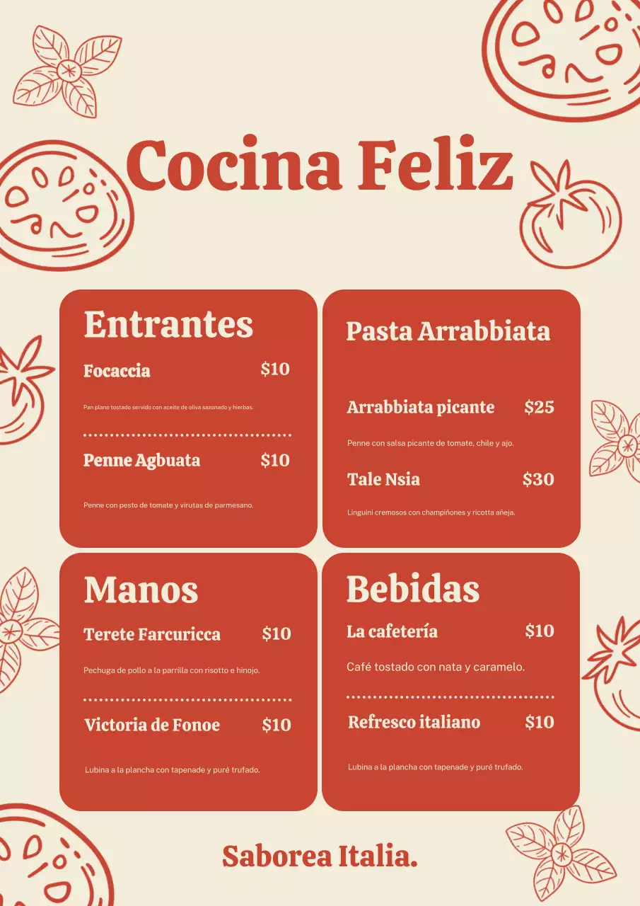 Póster de menú italiano rústico rojo