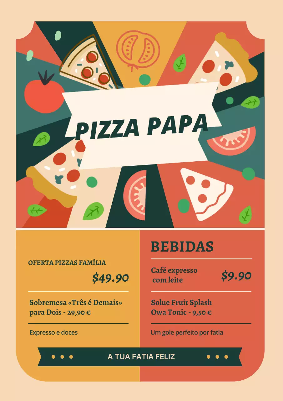 Pôster colorido de cardápio de pizza retrô