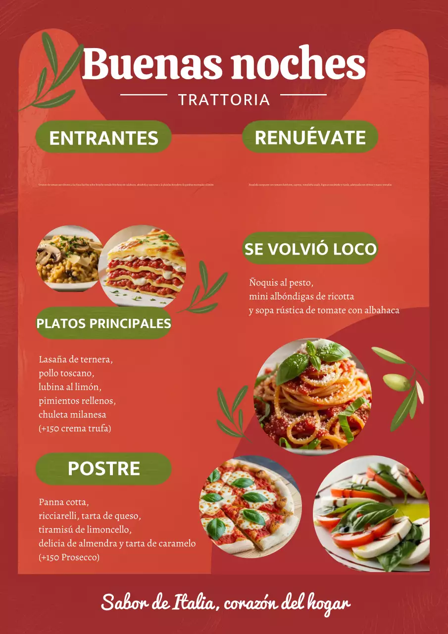 Póster elegante de menú italiano en rojo