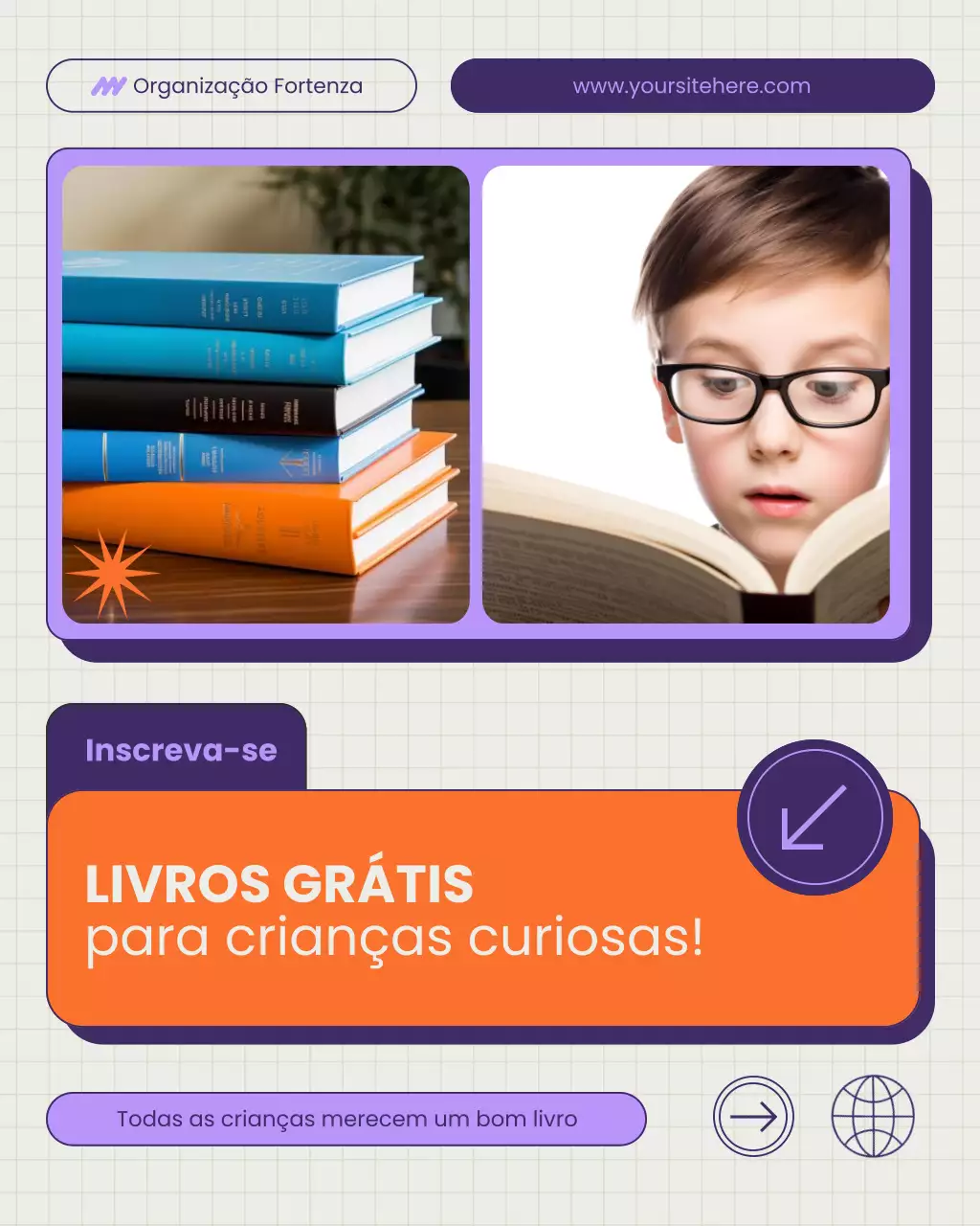 Anúncio de sorteio de livros modernos roxos e verdes no Instagram