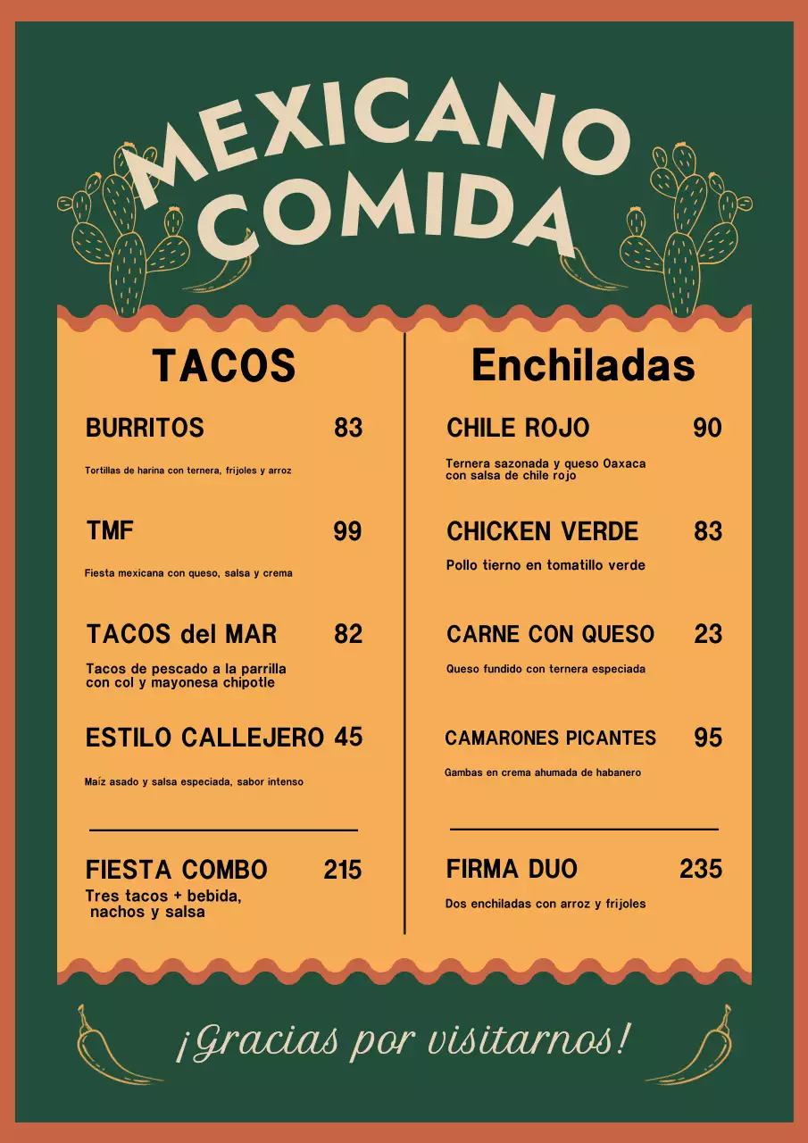 Póster de menú mexicano retro verde