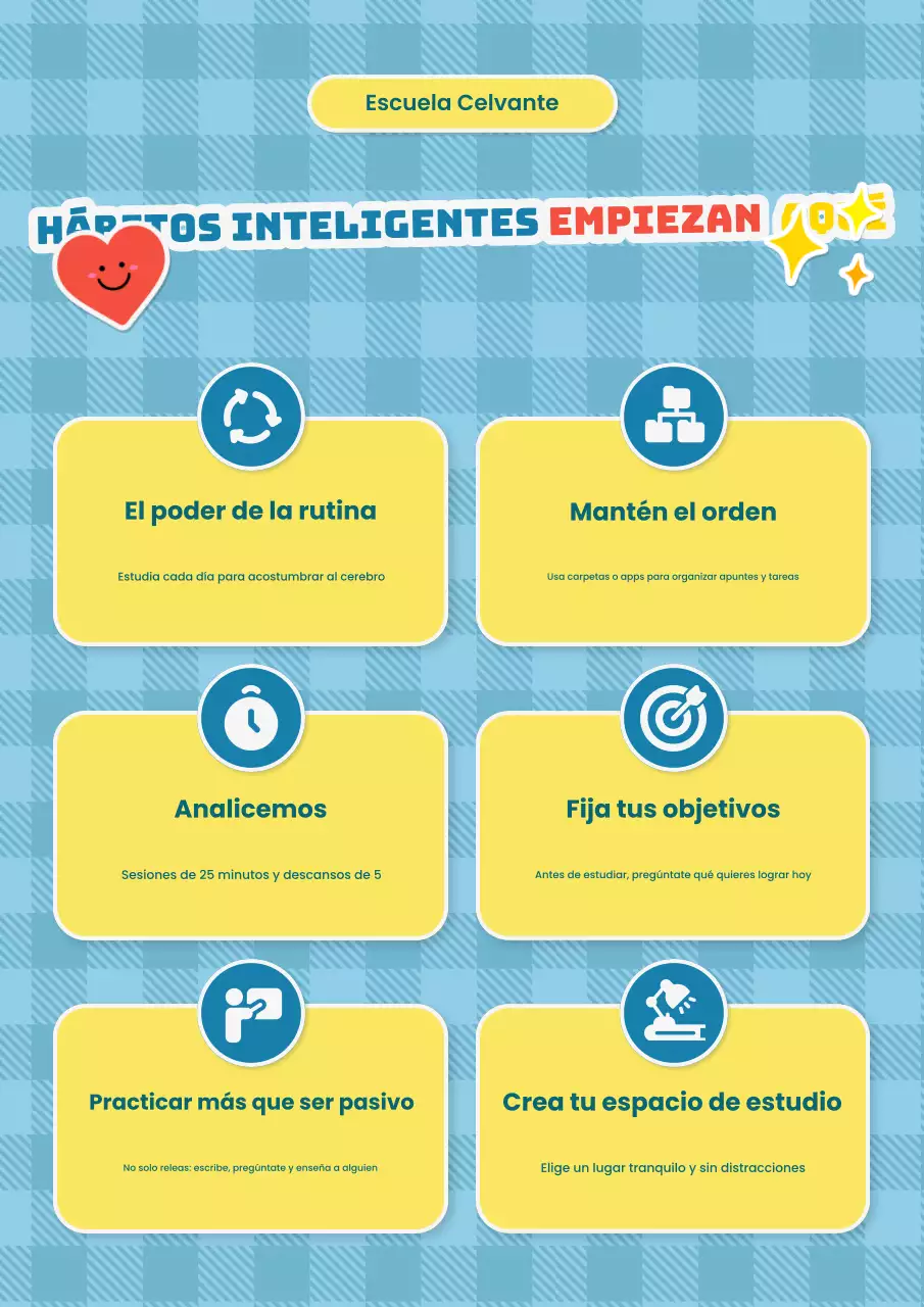 Póster ilustrativo con consejos para el estudio escolar en morado y verde