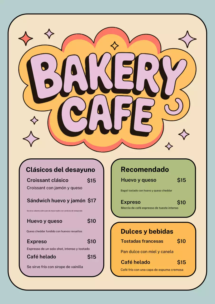 Póster retro colorido del menú de una panadería