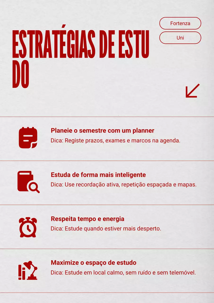 Pôster com dicas de estudo da Universidade Vermelha e Cinza