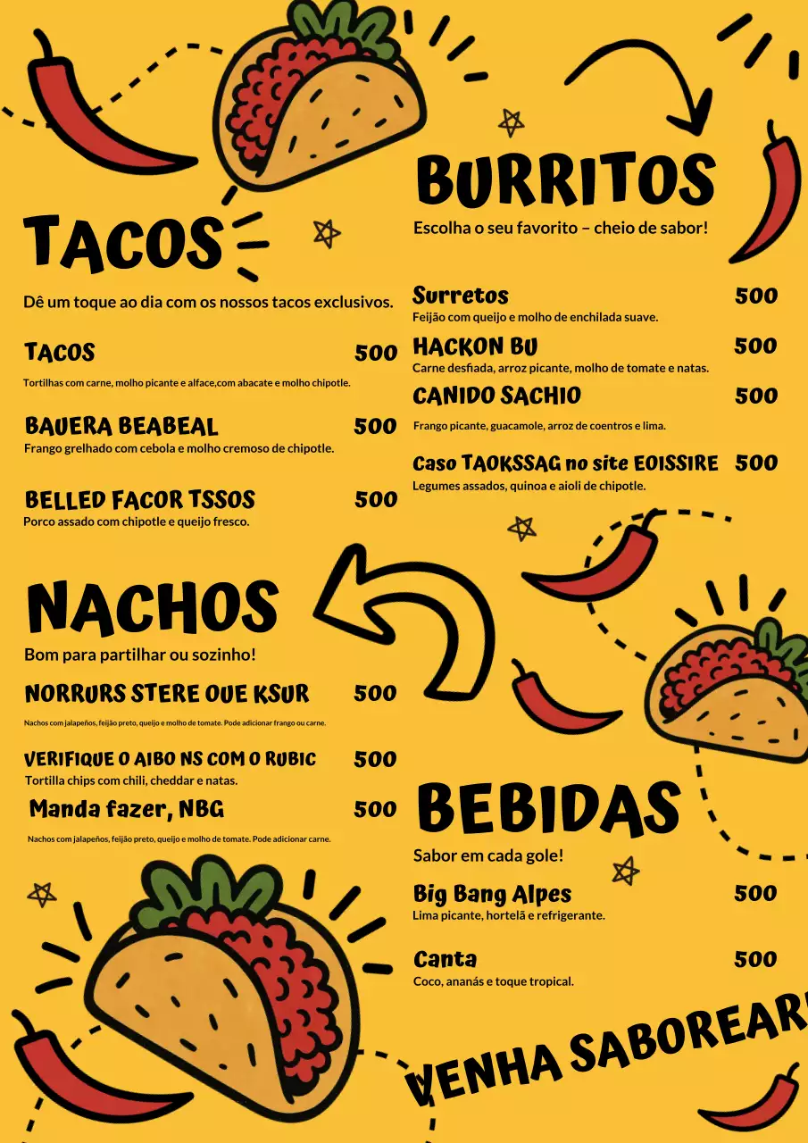 Cartaz promocional do cardápio de tacos amarelos em negrito