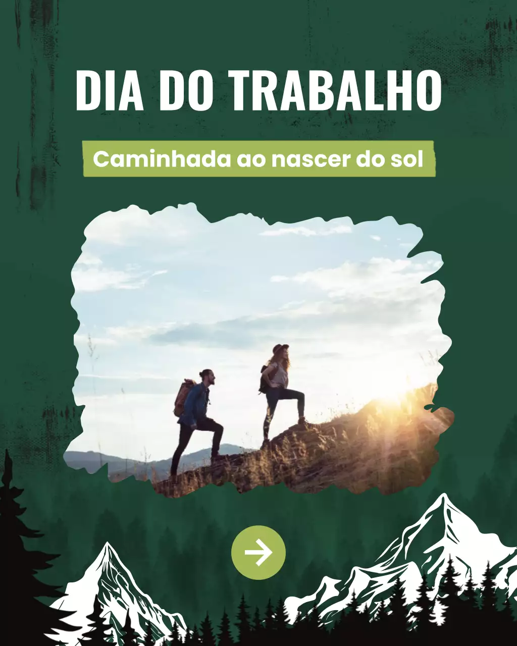 Modelo de mídia social para caminhada no cume do nascer do sol do Dia do Trabalho em verde-escuro
