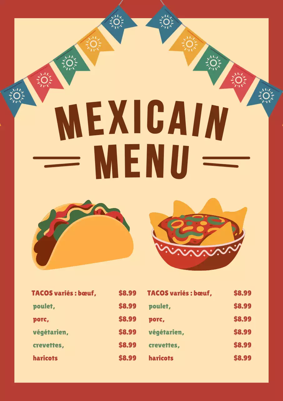 Affiche de menu de tacos traditionnels beiges