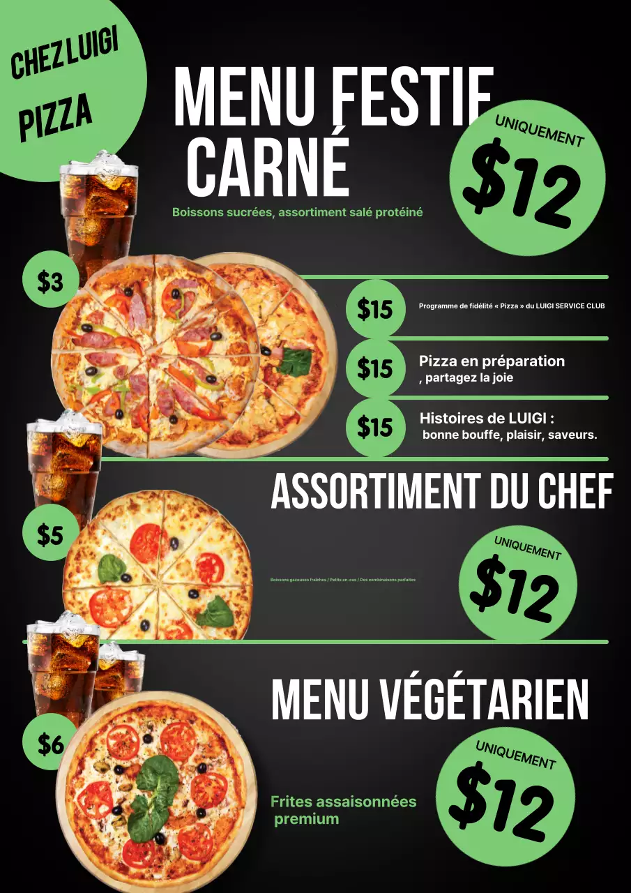 Affiche de menu de pizza moderne noire