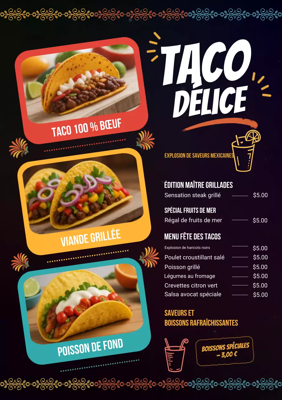 Affiche de menu de tacos noirs et vibrants