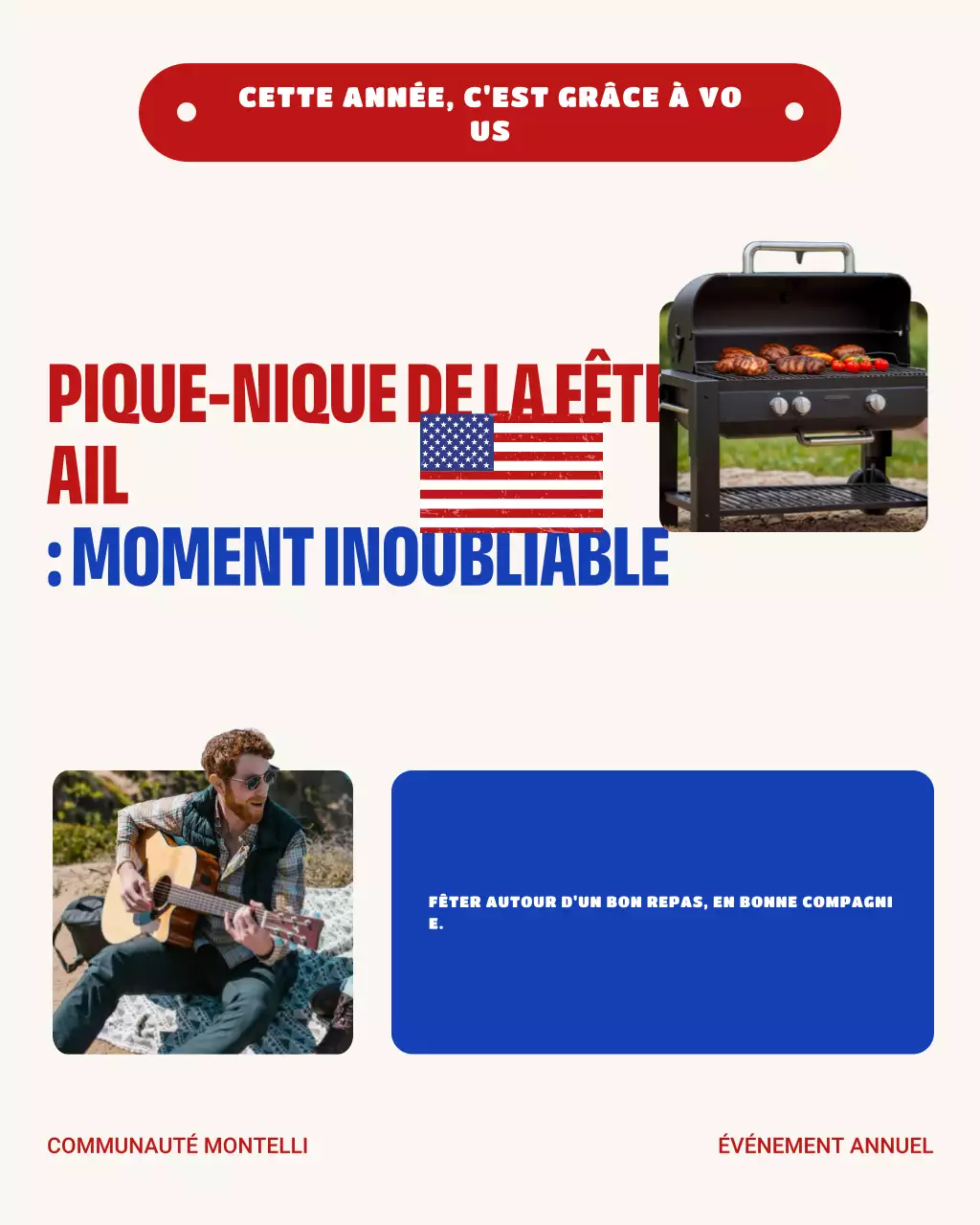 Pique-nique communautaire de la fête du Travail en rouge et bleu : publication sur le carrousel Instagram
