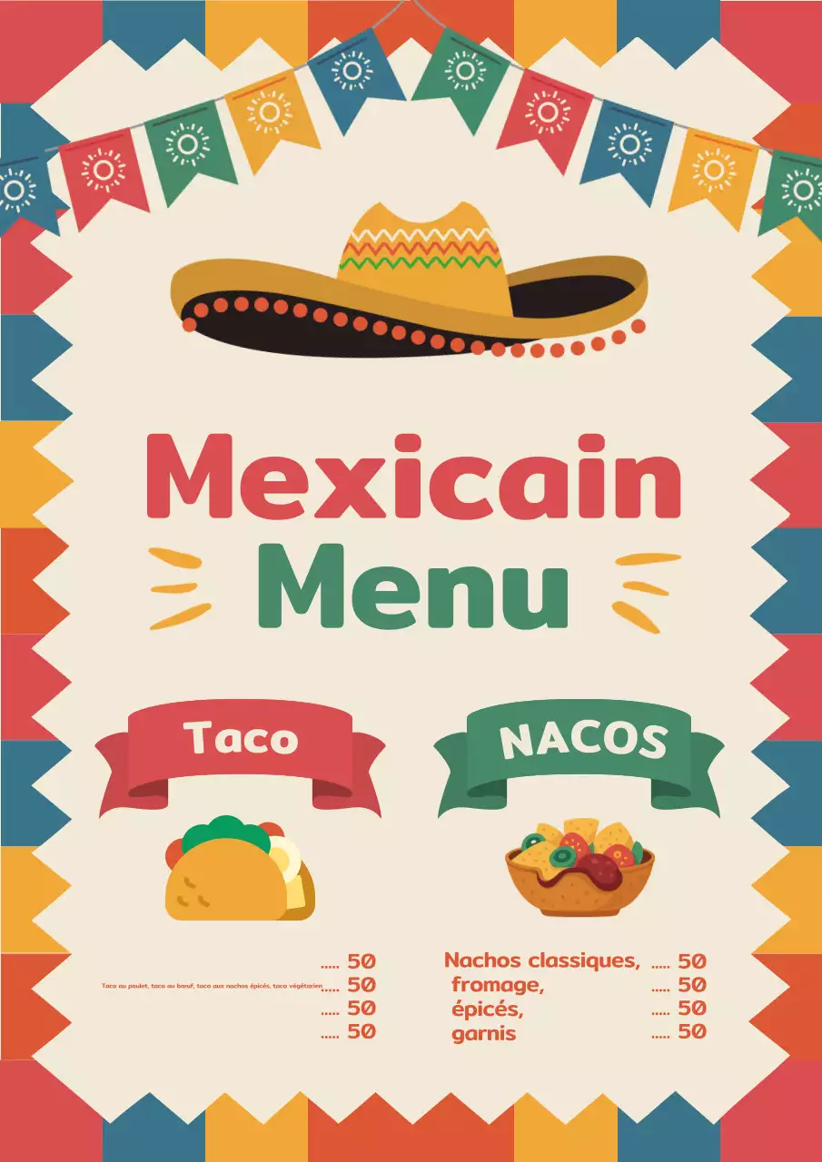Affiche colorée de menu traditionnel mexicain