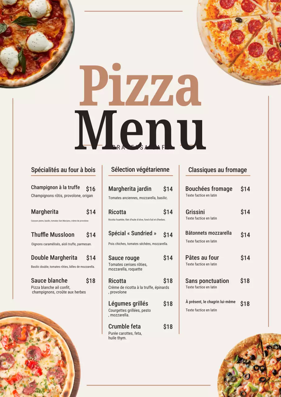 Affiche de menu de pizza moderne beige