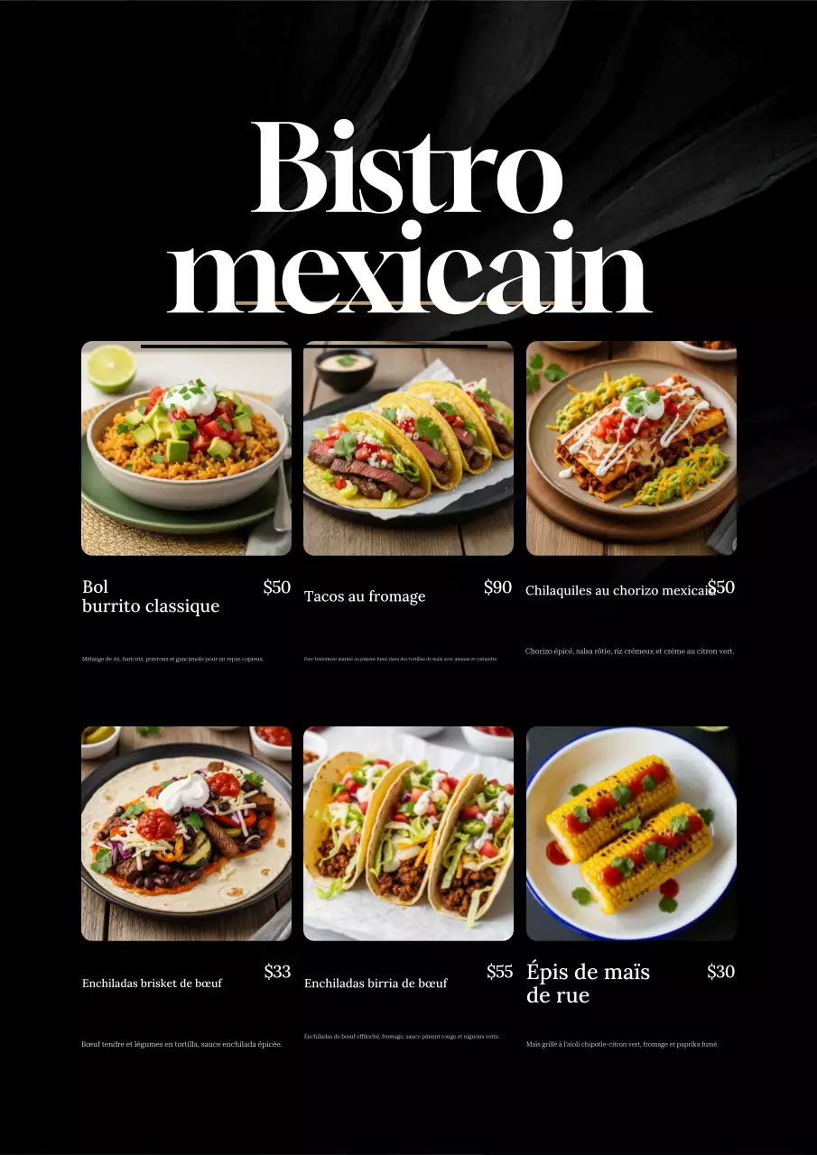 Affiche de menu de nourriture noire élégante