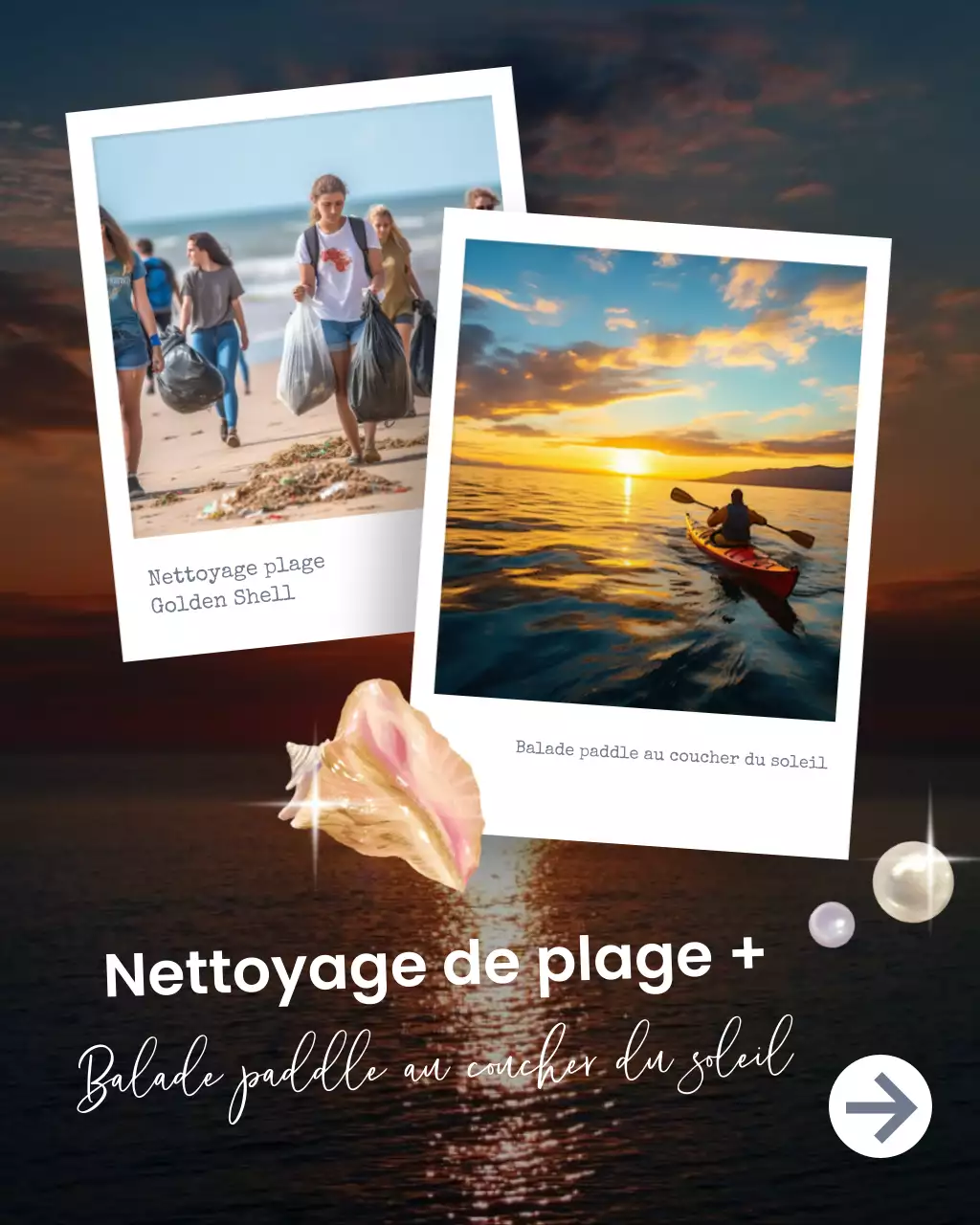 Nettoyage de plage noir, orange et blanc, coucher de soleil, pagaie, modèle de médias sociaux
