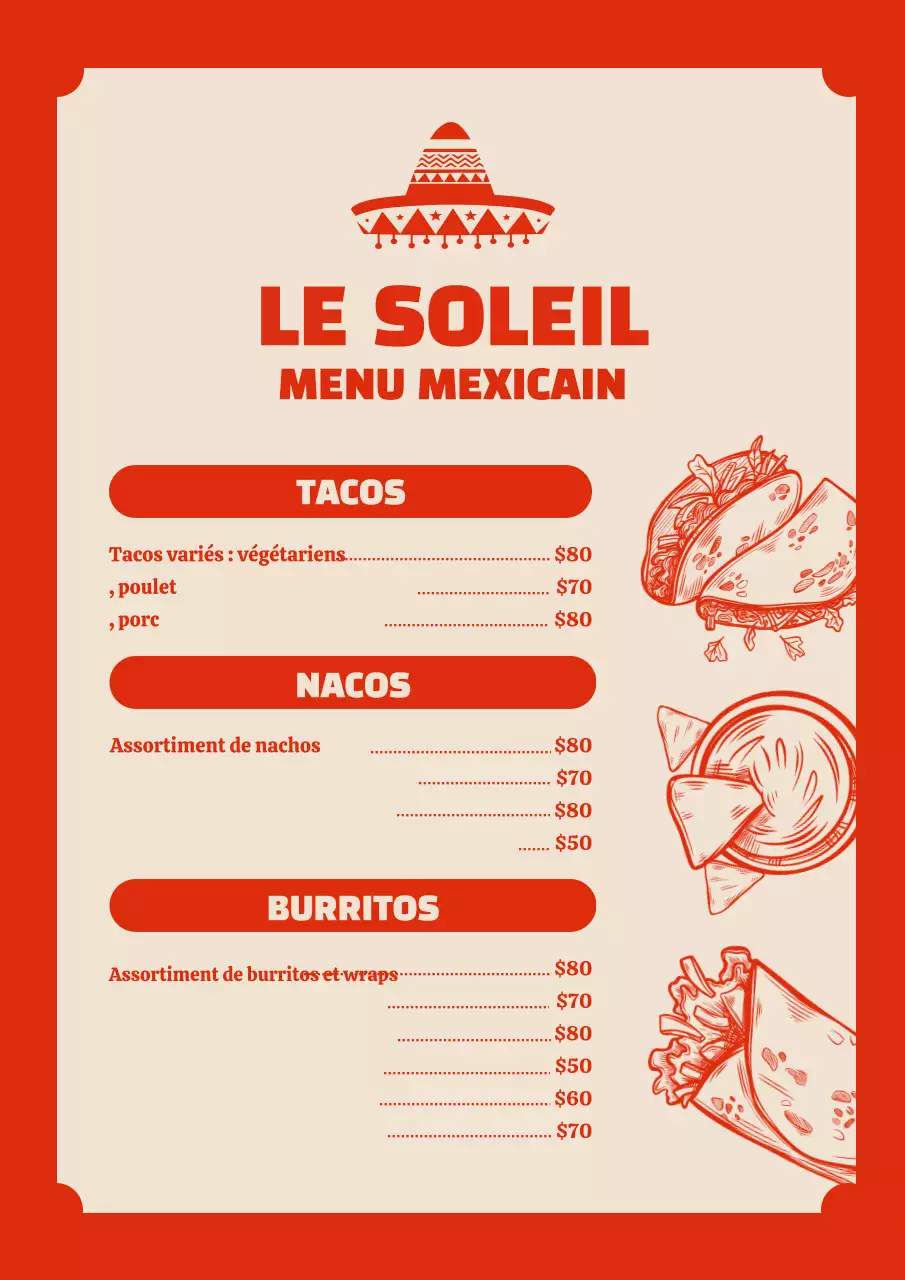 Affiche de menu mexicain traditionnel rouge