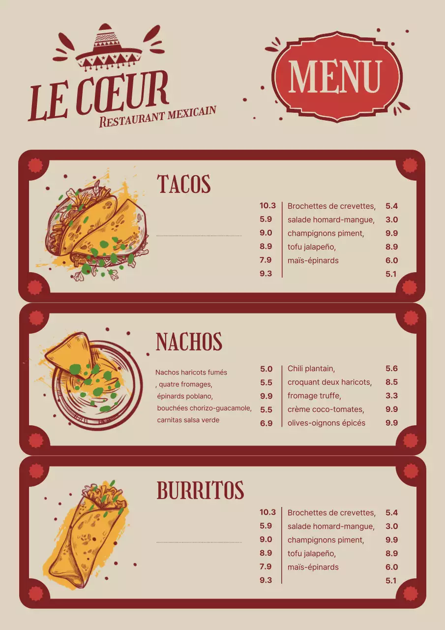 Affiche de menu mexicain traditionnel beige