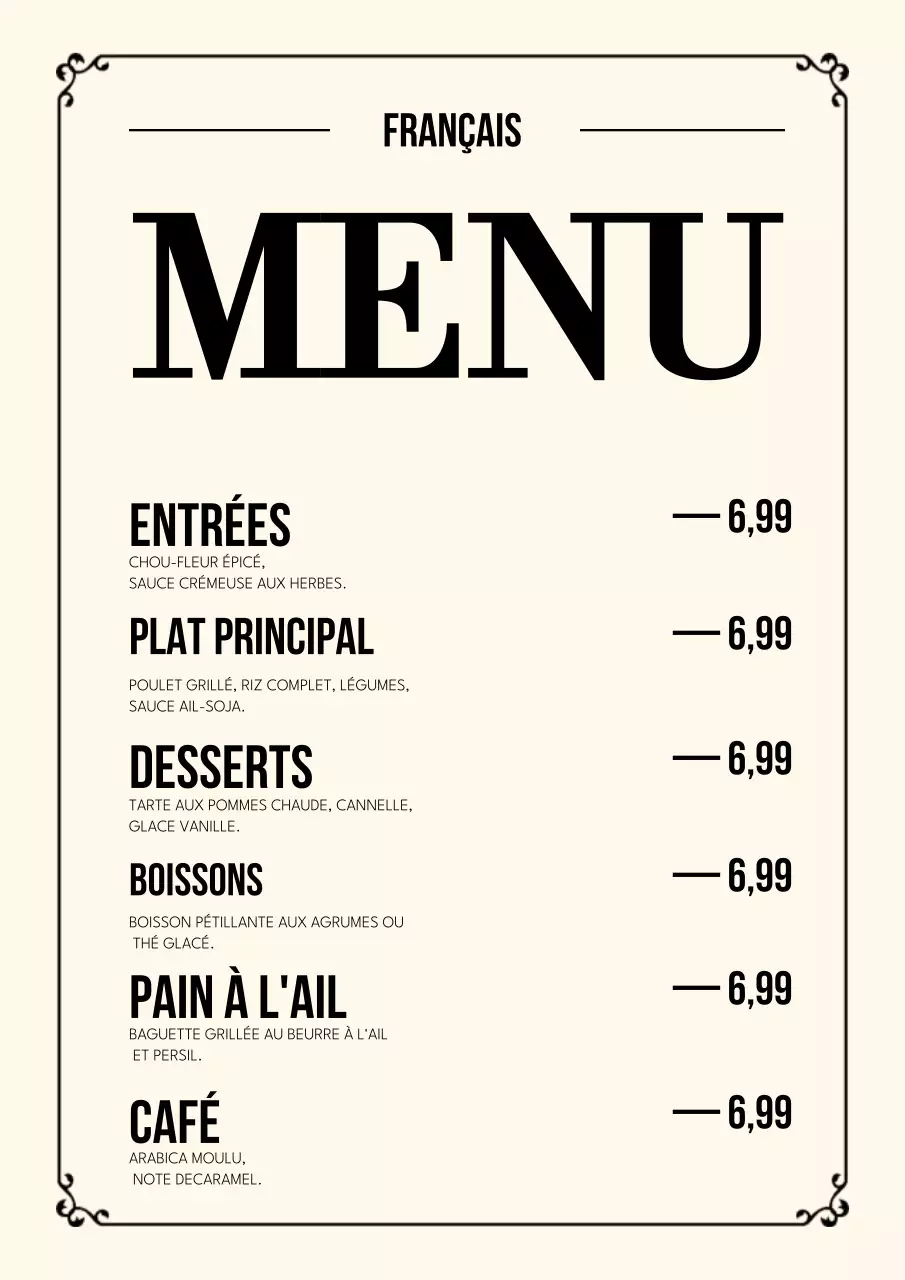 Affiche de menu de café classique beige