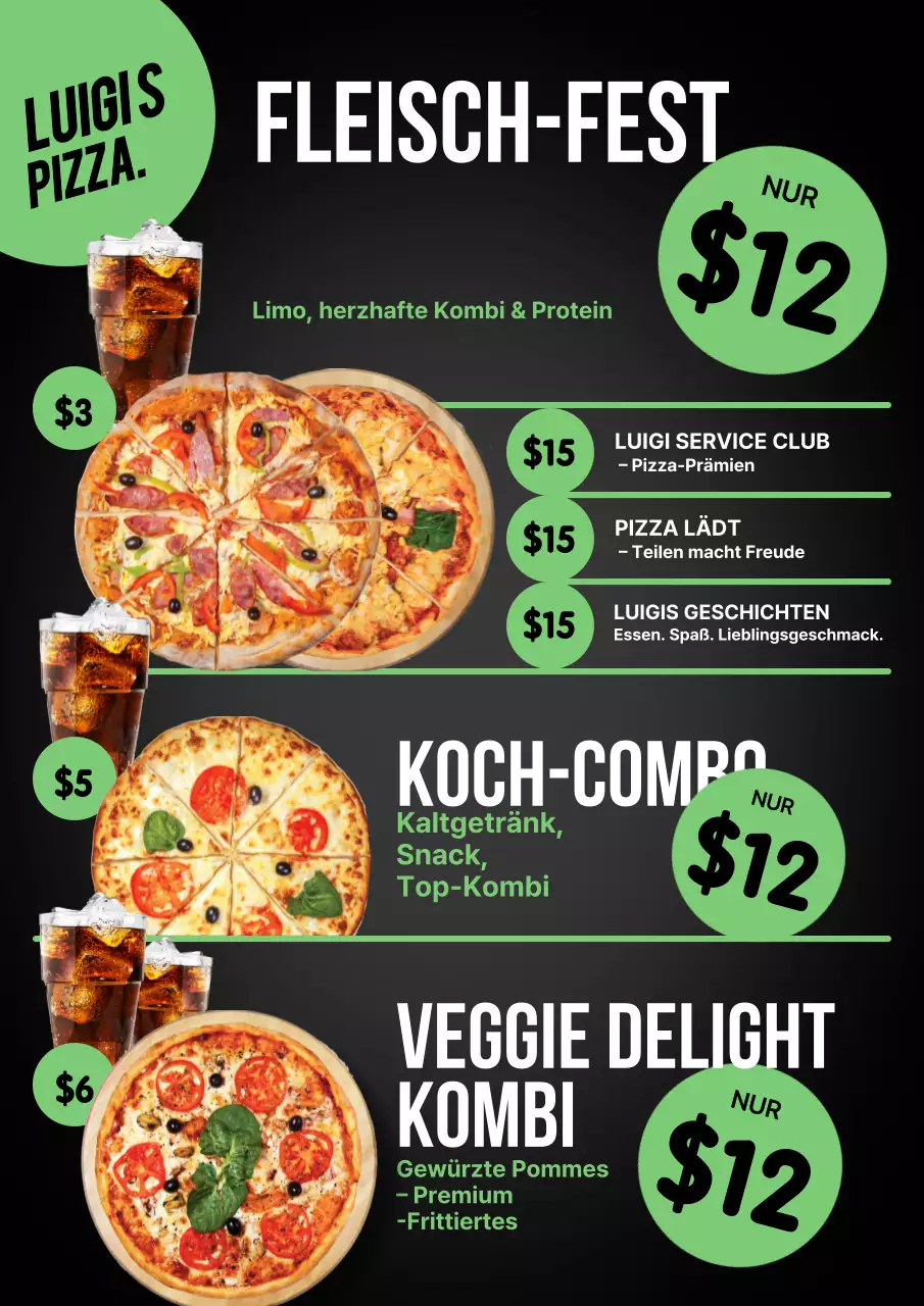 Schwarzes modernes Pizzamenü-Poster