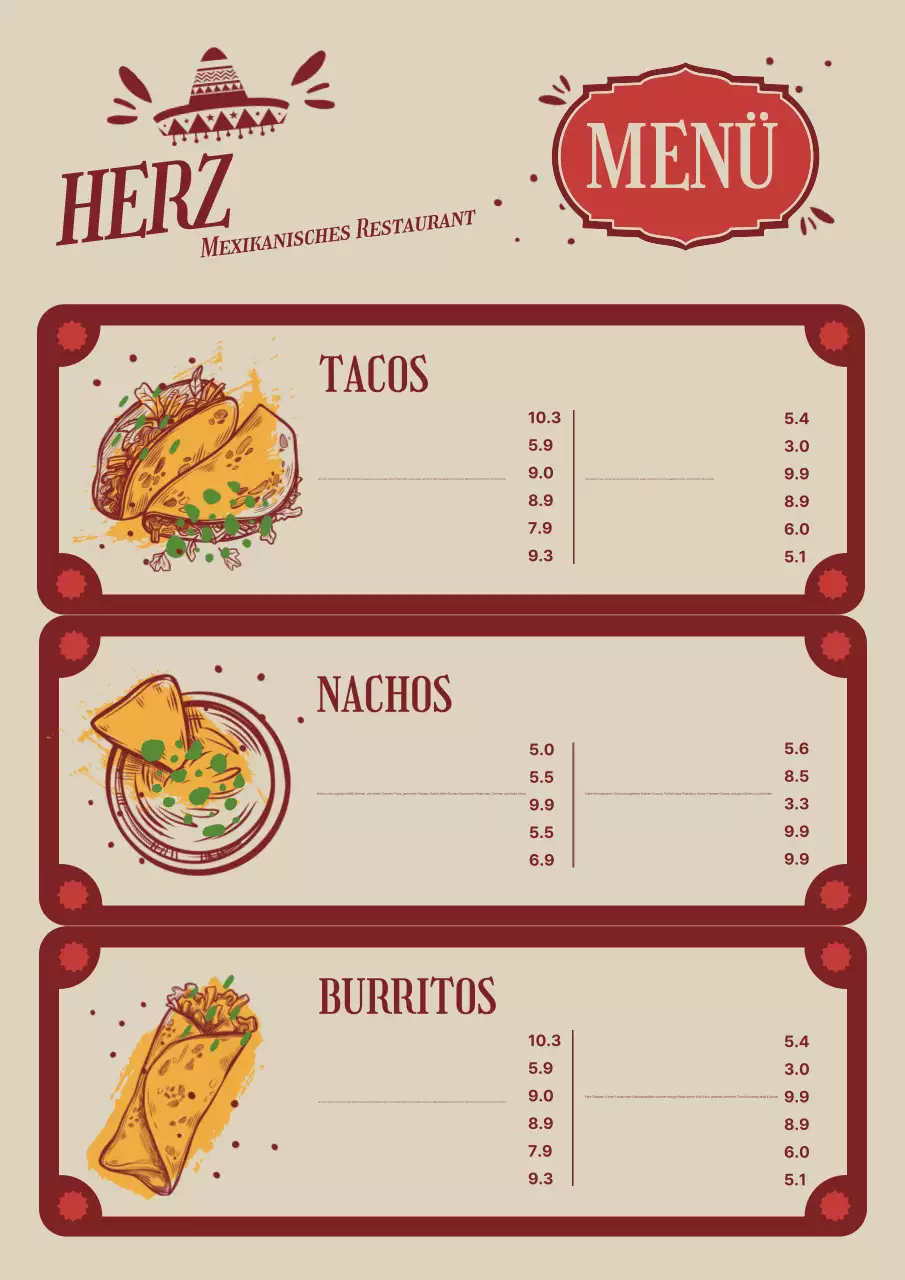 Beiges traditionelles mexikanisches Menüplakat