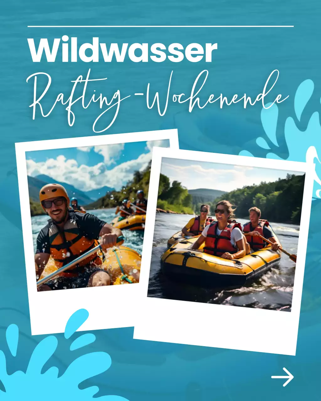 Blau-weißes Wayer Rafting-Wochenende Social Media Vorlagen Design