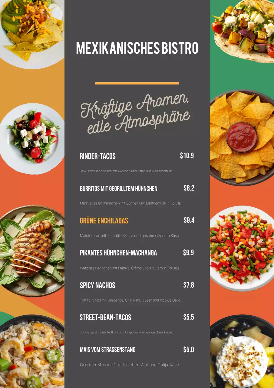 Orangefarbenes modernes mexikanisches Menüdesign Poster