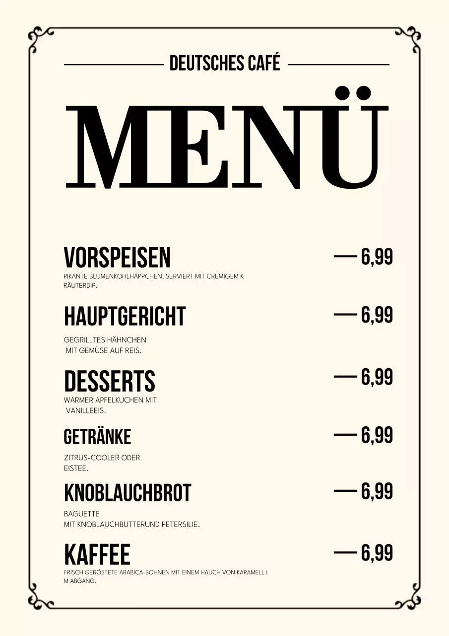 Beiges klassisches Café-Menü-Poster