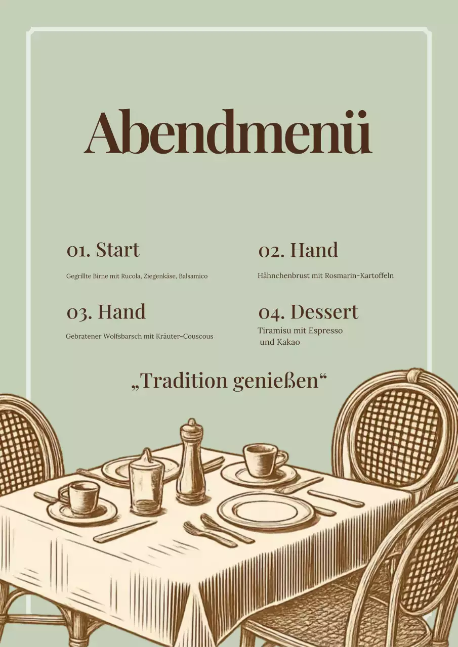 Beige Vintage Abendessen Menü Poster