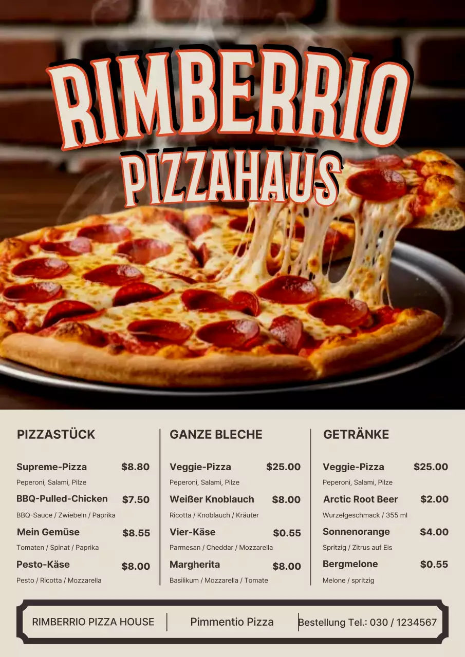 Orangefarbenes Retro-Pizzamenü-Poster